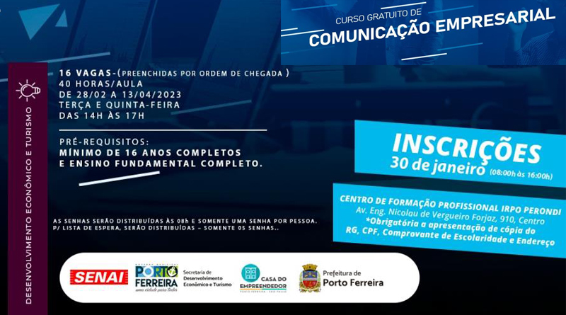 Prefeitura e Senai vão abrir inscrições para cursos gratuitos de Comunicação Empresarial e Excel Básico