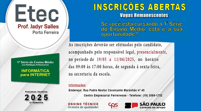 Etec Prof. Jadyr Salles abre inscrições presenciais para vagas remanescentes no Ensino Médio e Curso Técnico