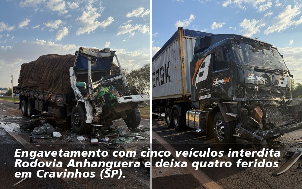 Engavetamento com cinco veículos interdita Rodovia Anhanguera e deixa quatro feridos em Cravinhos (SP)