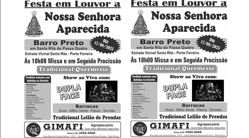 Festa em Louvor a Nossa Senhora Aparecida acontece dia 17 de agosto no Barro Preto, em Santa Rita do Passa Quatro