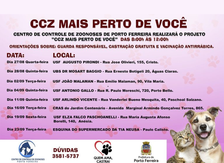 Controle de Zoonoses divulga calendário do programa CCZ Mais Perto de Você