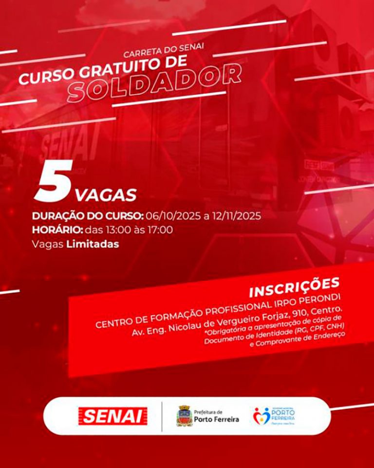 Carreta do Senai oferece curso gratuito de soldador em Porto Ferreira