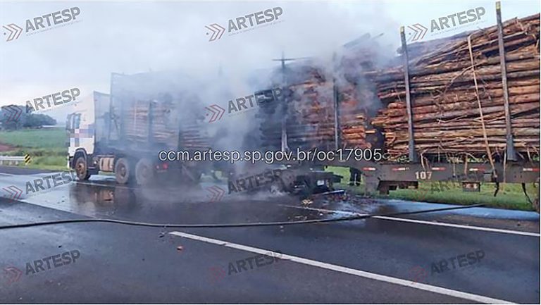 Incêndio em bitrem interdita totalmente a Rodovia SP-330 em São Simão