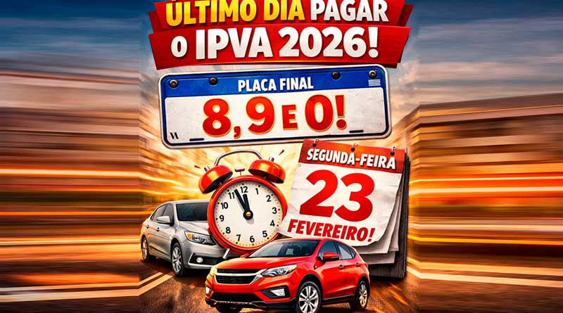 Veículos placas finais 8, 9 e 0: último dia para quitar o IPVA 2026 integral ou a segunda parcela é nesta segunda-feira, 23/2
