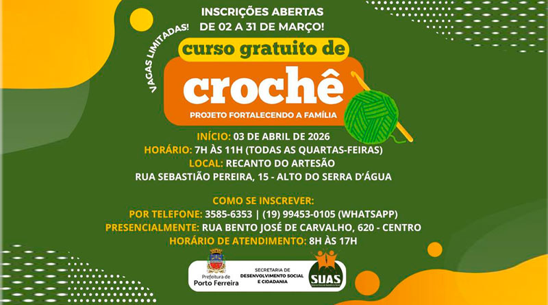 Curso gratuito de crochê abre inscrições no Recanto do Artesão
