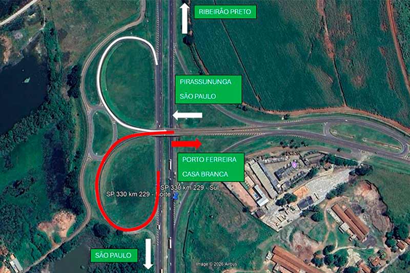 Arteris Intervias informa interdição parcial do entroncamento entre a SP-215 e SP-330, em Porto Ferreira