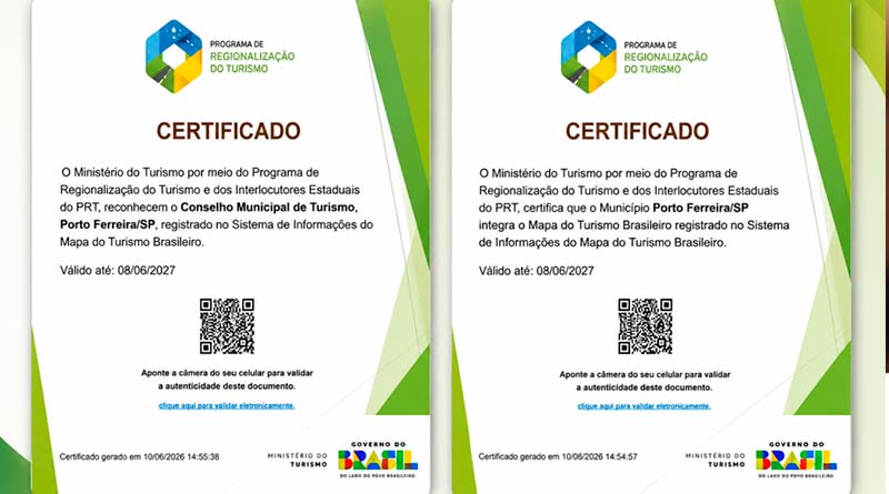 Porto Ferreira mantém certificação no Mapa do Turismo Brasileiro até junho de 2027