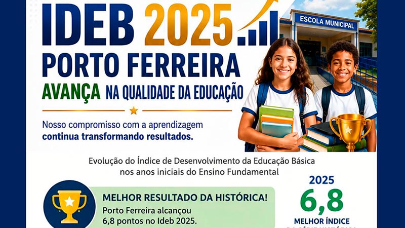 Porto Ferreira melhora desempenho no Ideb 2025 e alcança maior nota da série histórica