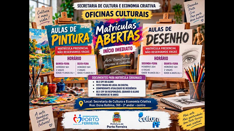 Secretaria de Cultura de Porto Ferreira abre inscrições para oficinas gratuitas de desenho e pintura
