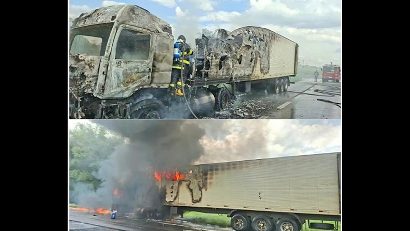 Carreta carregada com armas, munições e materiais inflamáveis pega fogo na Anhanguera, em Pirassununga